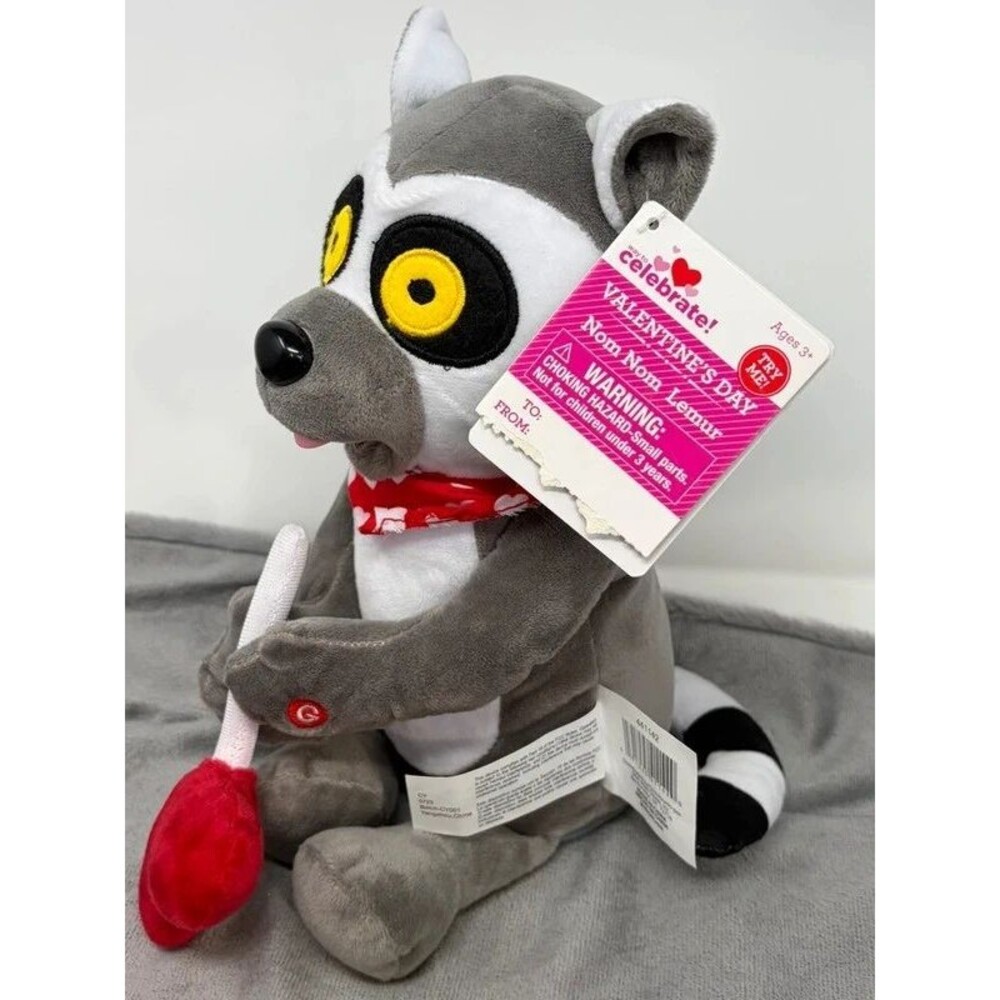 Gemmy Animated Nom Nom Lemur  Valentines Day Plush Sings & Licks Lollipop Works